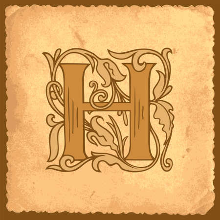 Beautiful capital letter H with Baroque decoration on an old paper background in vintage style. Filigree initial letter H suitable for monogram, emblem, greeting card, invitation, design elementのイラスト素材