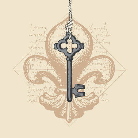 Vintage banner with an old hand-drawn key hanging on a string, fleur de lis and handwritten text Lorem ipsum. Vector illustration in retro style with drawings on the old paper backgroundのイラスト素材