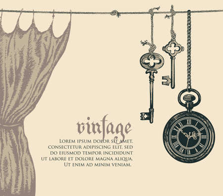 Vintage banner or background with a pocket watch on a chain, old keys hanging on a rope and hand-drawn curtain on an old paper backdrop. Vector illustration in retro style with place for textのイラスト素材