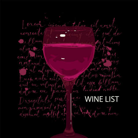 Wine list for restaurant or cafe with a glass of red wine on a black background with handwritten text lorem ipsum. Creative vector illustration in modern style for menu, wine list, tastingのイラスト素材