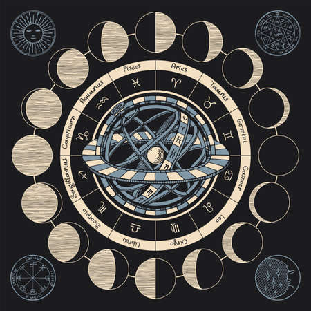Vector circle of the Zodiac signs with icons, names, moon phases and Ptolemaic Geocentric System on a black background. Hand-drawn illustration in vintage style on an astrological themeのイラスト素材