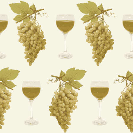 Seamless pattern with realistic bunches of green grapes and glasses of white wine on a light backdrop. Vector background on the theme of wine. Suitable for wallpaper, wrapping paper or fabricのイラスト素材
