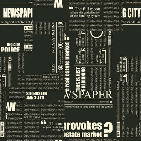 Monochrome seamless pattern with collage of magazine or newspaper clippings. Black vector background in retro style with imitation of text and headlines. Suitable for wallpaper, wrapping paper, fabricのイラスト素材
