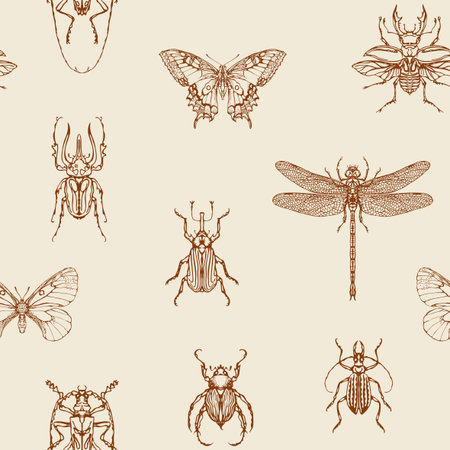Seamless pattern with detailed brown contour drawings of various insects. Hand-drawn vector background with butterflies, beetles, dragonfly on old paper. Retro-style wallpaper, wrapping paper, fabricのイラスト素材