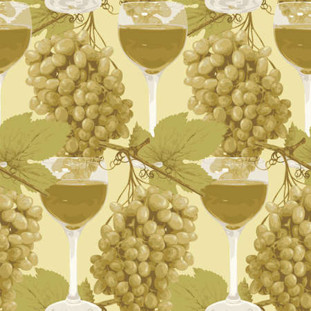 Seamless pattern with realistic bunches of green grapes and full glasses of white wine on a light backdrop. Vector background on a wine theme. Suitable for wallpaper, wrapping paper or fabric designのイラスト素材