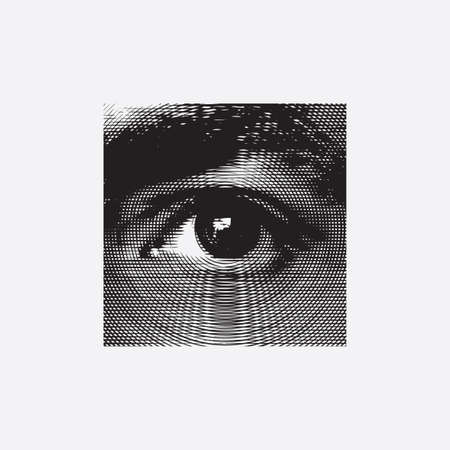 Abstract monochrome square banner with a wide-open human eye and an eyebrow in close-up, made of circles and stripes on a light background. Black and white vector illustration in retro style.のイラスト素材