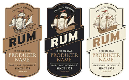Set of three vector labels for rum in a figured frames with old sailing ships and inscriptions in retro style. Collection of strong alcoholic beverages. Premium quality, iced in oakのイラスト素材