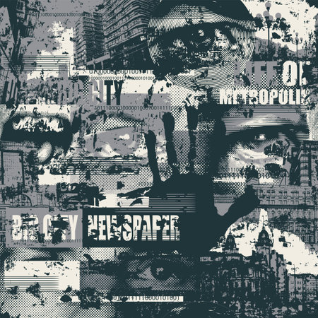 Abstract seamless pattern with newspaper headlines, cityscapes, human eyes in grunge style. Chaotic vector background on the theme of city life. Suitable for wallpaper, wrapping paper, fabric designのイラスト素材