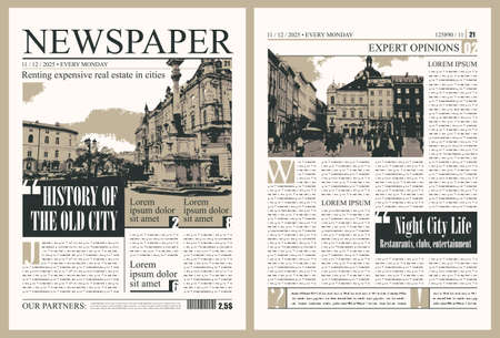 Vector city newspaper layout with headlines, illustrations and imitation of text. News column articles and daily advertising construction.Newsprint design or magazine page templateのイラスト素材