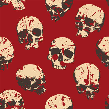 Seamless pattern with sinister skulls looking out of the dark. Vector background with human skulls and blood drips in grunge style. Graphic print for clothing, fabric, wallpaper, wrapping paperのイラスト素材