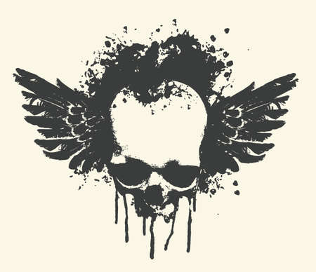 human skull with spots, splashes and bird wings. Graphic print for clothes, fabric, wallpaper, wrapping paper, design element for halloween partyのイラスト素材