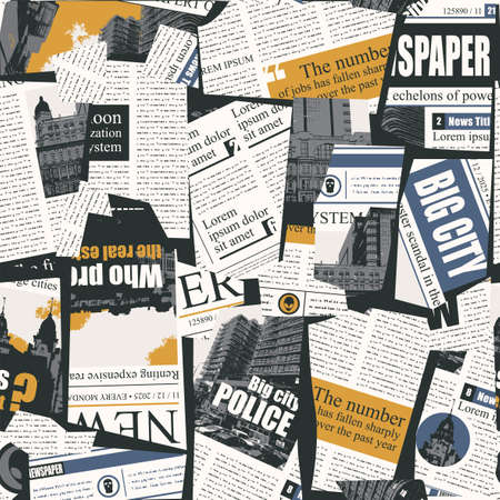 Seamless pattern with a collage of newspaper or magazine clippings. Retro style vector background with titles, illustrations and imitation text. Suitable for wallpaper design, wrapping paper, fabricのイラスト素材