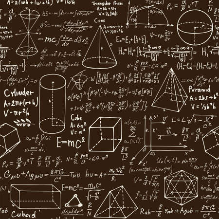 Abstract seamless pattern with handwritten text mathematical formulas and equations and geometrical figures. Vector repeating background in style from the diary of a scientistのイラスト素材