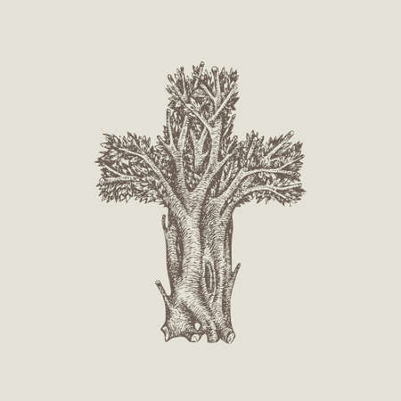 Concept of a Christian cross in the form of a tree hand drawn. Decorative tree in the shape of a cross. Vector illustration, religious sign, icon, logo, emblem, design element.のイラスト素材