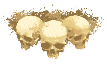 three human skull with color spots and splashes. Graphic print for clothes, fabric, wallpaper, wrapping paper, design element for halloween partyのイラスト素材