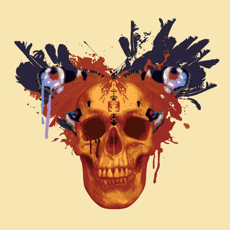 vector collage of human skull, peacock butterfly and bird feathers with spots and splashes of different colors. Creative illustration in grunge style, t-shirt print, graffitiのイラスト素材
