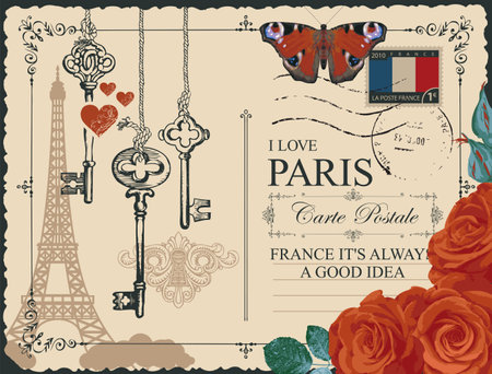 Vintage postcard with famous Parisian Eiffel tower in France. Vector postcard in retro style with beautiful red roses, old keys, keyhole, postmark and words I love Paris on an old paper backgroundのイラスト素材