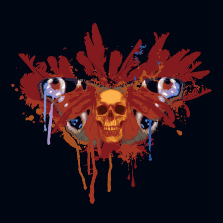 vector collage of human skull, peacock butterfly and bird feathers with spots and splashes of different colors. Creative illustration in grunge style, t-shirt print, graffitiのイラスト素材