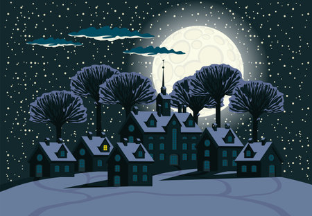 Autumn night landscape with cute houses on hill with moon, trees and clouds in sky. Decorative fall vector illustration in flat styleのイラスト素材