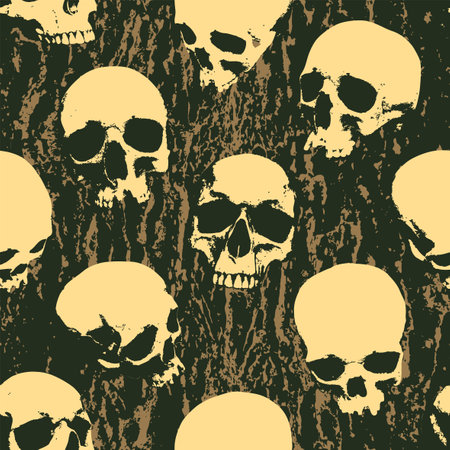 Seamless pattern with sinister human skulls on background of stone texture. Monochrome vector background with realistic skulls and paint spots in grunge style. Graphic print for wallpaper, wrappinのイラスト素材