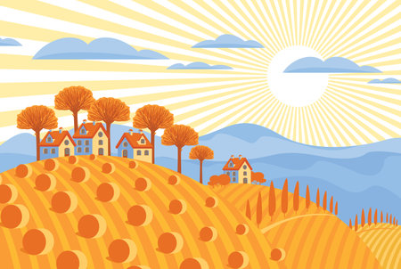 vector autumn landscape with village and fields with haystacks and clouds. Decorative vector illustration in autumn yellow and orange colors in cartoon styleのイラスト素材