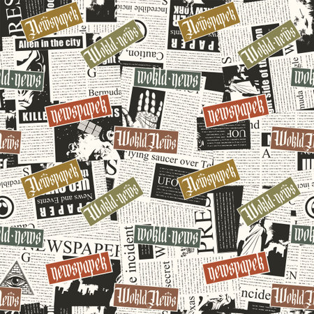 seamless pattern with a collage of newspaper clippings. Abstract background with unreadable text, titles and illustrations. Wallpaper, wrapping paper or fabric design in retro vintage styleのイラスト素材