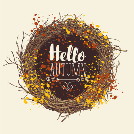 Vector banner with the inscription Hello Autumn with wreath of tree branches and fall leaves in retro style. Vector decorative illustration. Suitable for flyer, banner, posterのイラスト素材