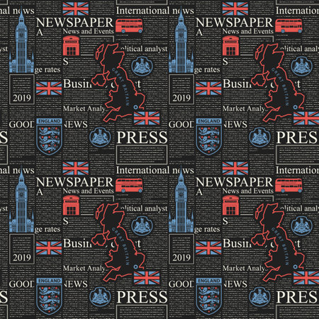 Vector seamless pattern with UK or London newspaper. Decorative page of newspaper or magazine with headings, illustrations and unreadable text. Suitable for wallpaper, wrapping paper, fabric, textileのイラスト素材