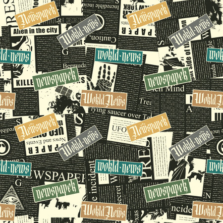 seamless pattern with a collage of newspaper clippings. Abstract background with unreadable text, titles and illustrations. Wallpaper, wrapping paper or fabric design in retro vintage styleのイラスト素材