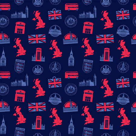 Vector seamless pattern on UK and London theme with British symbols, attractions and flag of United Kingdom. Suitable for background, wallpaper, wrapping paper, fabric, textileのイラスト素材