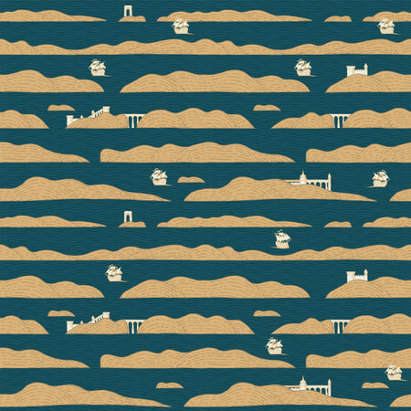 Simple seamless pattern with hand-drawn islands, ancient fortresses and old sailboats on the water. Decorative vector background in retro style. Suitable for wallpaper, wrapping paper, fabricのイラスト素材