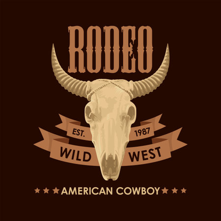 Banner for a Cowboy Rodeo show. Vector illustration with a skull of bull and lettering in retro style. Suitable for poster, label, flyer, invitation, t-shirt designのイラスト素材