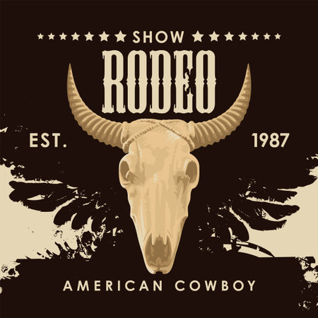 Banner for Cowboy Rodeo show in retro style. Vector illustration with a skull of bull and lettering on an abstract background with black wings. Suitable for poster, label, flyer, banner, invitationのイラスト素材