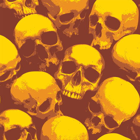 Seamless pattern with human skulls. Vector background with sinister smiling skulls in retro style. Graphic print for clothes, fabric, wallpaper, wrapping paperのイラスト素材