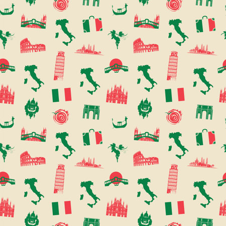 Vector seamless pattern on the theme of Italy in flat style with Italian symbols, architectural landmarks and a map in the colors of Italian flag. Suitable for wallpaper, wrapping paper, fabric designのイラスト素材