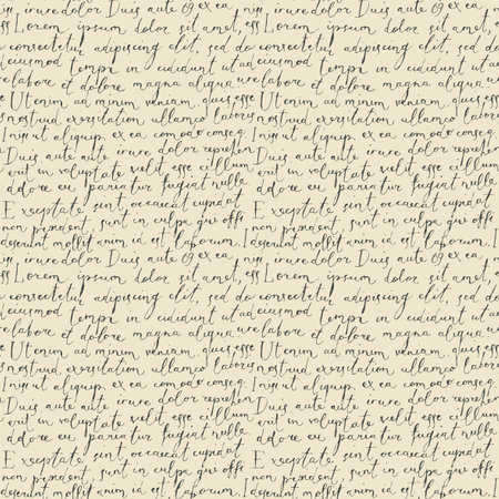 Vector seamless pattern with handwritten text on the old paper backdrop. Lorem Ipsum. Decorative repeatable background in retro style. Suitable for Wallpaper, wrapping paper, fabric, textileのイラスト素材