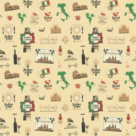 Retro seamless pattern with Italian landmarks, wine labels, letterings, food and drinks on a beige backdrop. Vector background on the theme of Italy and Italian cuisine. Wallpaper, wrapping paper, fabricのイラスト素材