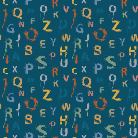 Seamless pattern with alphabet letters in the form of colored paint splashes and blots. Abstract vector background with latin letters. Suitable for wallpaper, wrapping paper or fabricの写真素材
