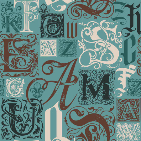 Vector seamless background pattern with hand-drawn initial and capital letters. Repeating background with alphabet letters in retro style. Suitable for wallpaper, wrapping paper or fabricのイラスト素材