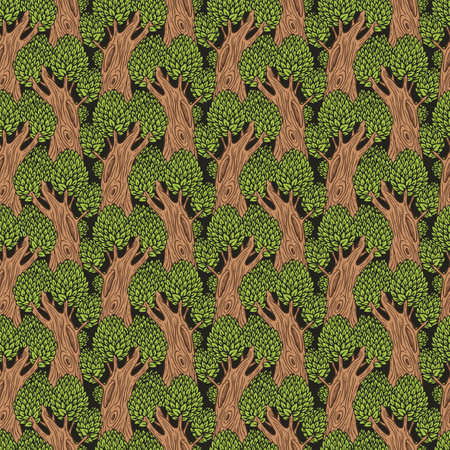 Seamless pattern with old deciduous trees. Vector background with dense forest in a flat cartoon style. Stylized trees with lush foliage and hollows on thick trunks.のイラスト素材