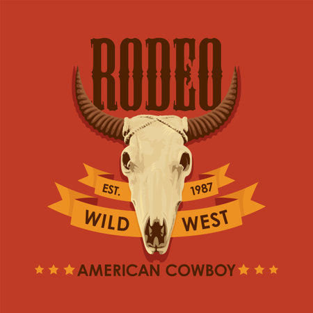 Banner for a Cowboy Rodeo show. Vector illustration with a skull of bull and lettering in retro style. Suitable for poster, label, flyer, invitation, t-shirt designのイラスト素材