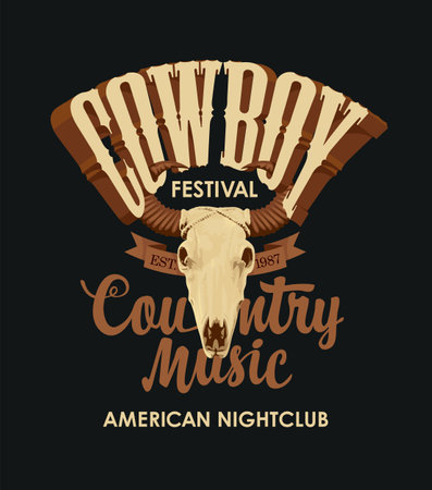 Poster for a country music festival with a skull of bull and an inscription cowboy club restaurant. Vector banner suitable for flyer, cd disk cover, vinyl recordsのイラスト素材
