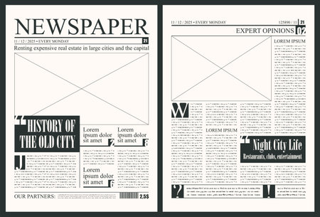 Vector template for the layout of the newspaper. Newspaper columns with unreadable text, headlines and place for illustrationsのイラスト素材