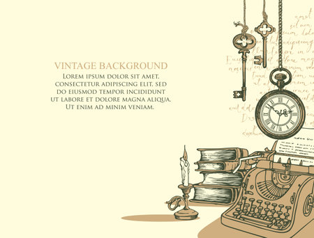 Vector banner on a writers theme with sketches and place for text. Writer workspace. Vintage illustration with hand-drawn typewriter, books, vintage clock, keys and unreadable handwritten notesのイラスト素材