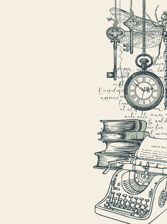 Vector banner on a writers theme with sketches and place for text. Writer workspace. Vintage illustration with hand-drawn typewriter, books, dragonfly and unreadable handwritten notesのイラスト素材