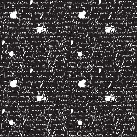 Vector seamless pattern with handwritten text and ink blobs on the old paper background in retro style. Lorem Ipsum. Suitable for wallpaper, wrapping paper, fabric or textileのイラスト素材