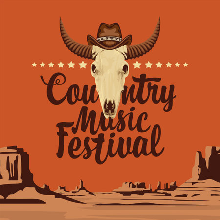 Poster for a country music festival with a skull of bull in cowboy hat and an inscription on the background of Wild west landscape. Vector banner suitable for flyer, cd disk cover, vinyl recordsのイラスト素材