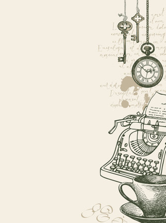Vector banner on writers theme with sketches and place for text. Writer workspace. Vintage illustration with hand-drawn typewriter, cup of coffee, vintage clock, keys and unreadable handwritten notesのイラスト素材