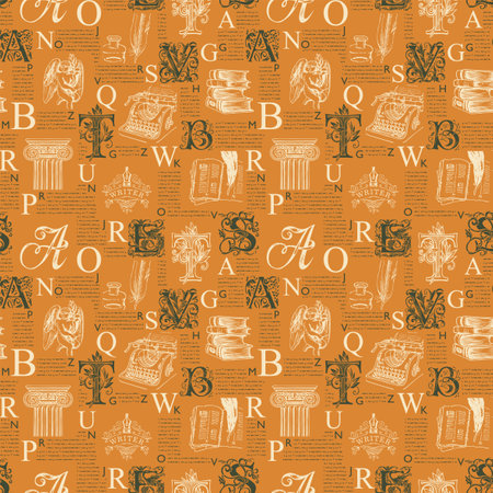 Vector seamless pattern with ornate initial letters and literary illustrations on printed page background. Unreadable text, capital letters and sketches. Suitable for Wallpaper, wrapping paper, fabricのイラスト素材