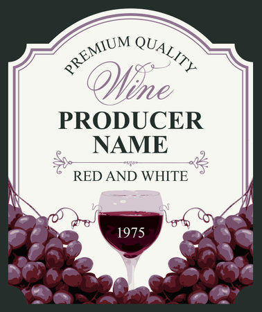 wine labels with realistic bunches of delicious red grapes and calligraphic inscriptions in figured frames on various backgrounds. vector illustration. Collection of quality winesのイラスト素材